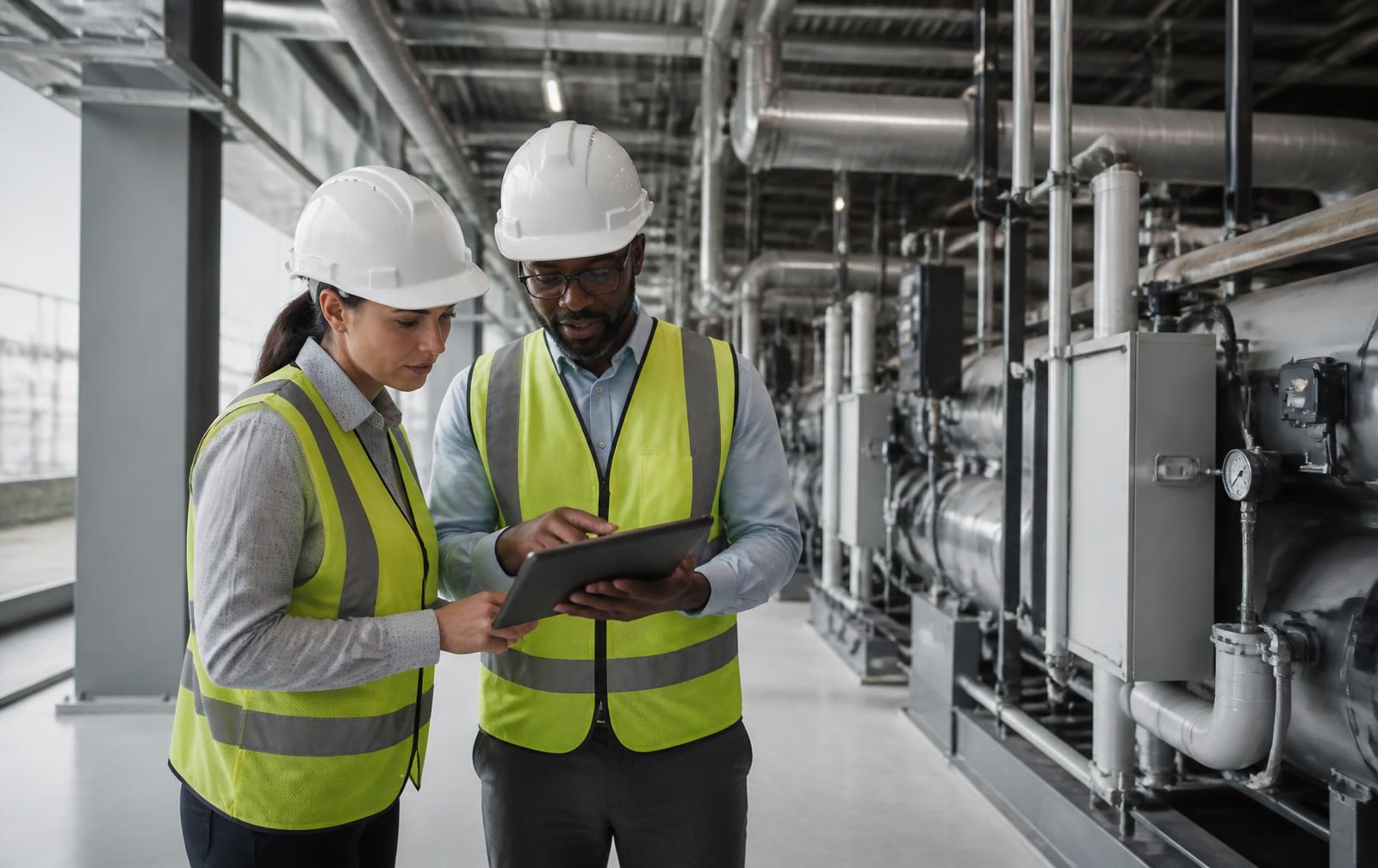 Engineers reviewing building performance data in a mechanical room