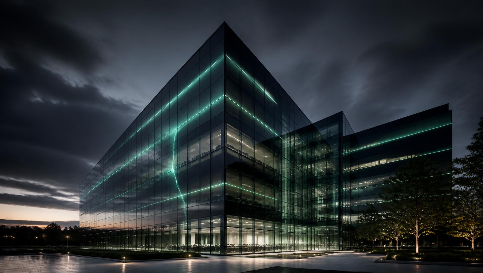 A modern commercial building at dusk with illuminated floors